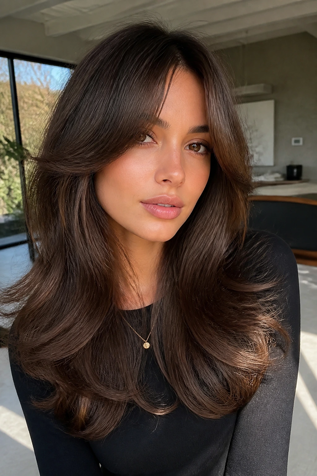 Close-up of a woman with curtain bangs and blowout brunette