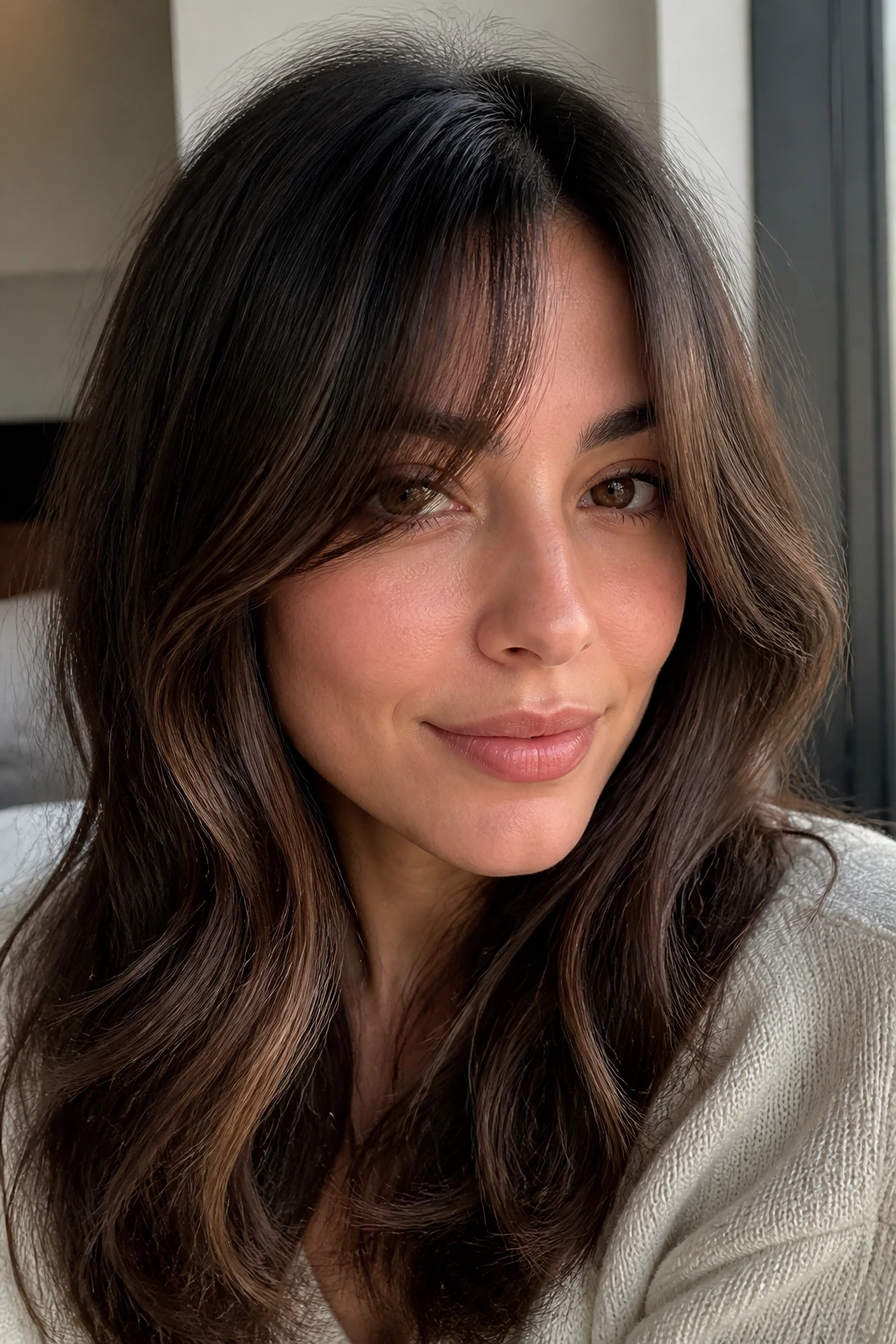 Portrait of a real person with curtain bangs and brunette dimension.