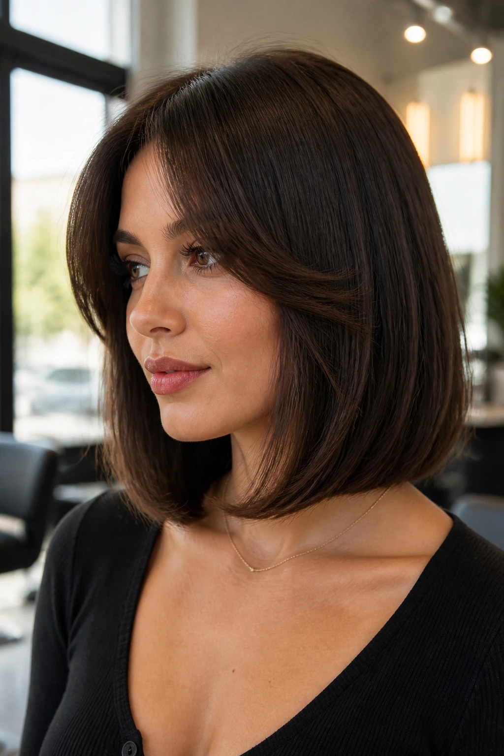Close-up portrait of a real woman with a sleek C-cut lob and long curtain bangs