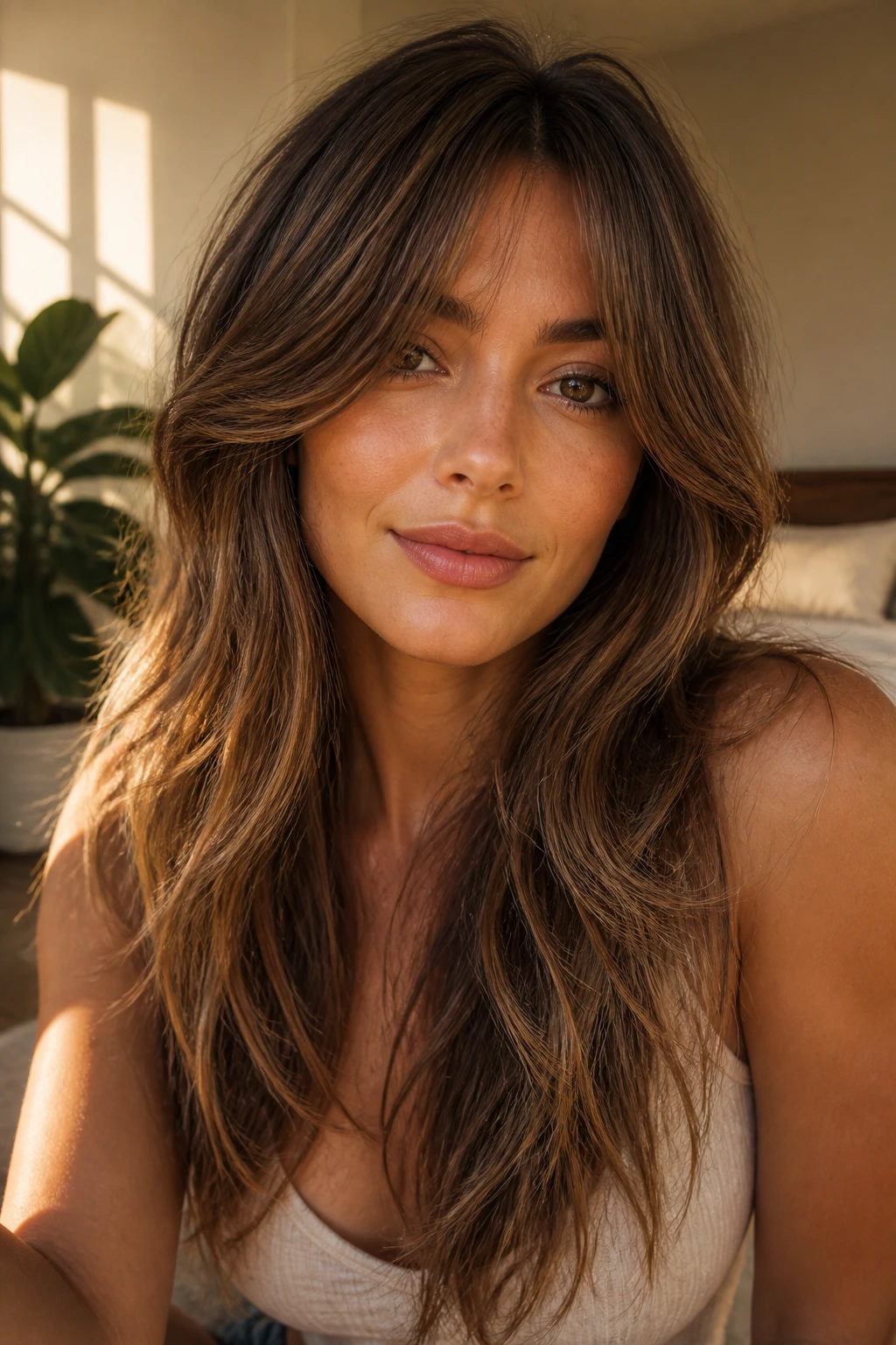 Portrait of a real woman with curtain bangs cascading into long layers in warm window light.