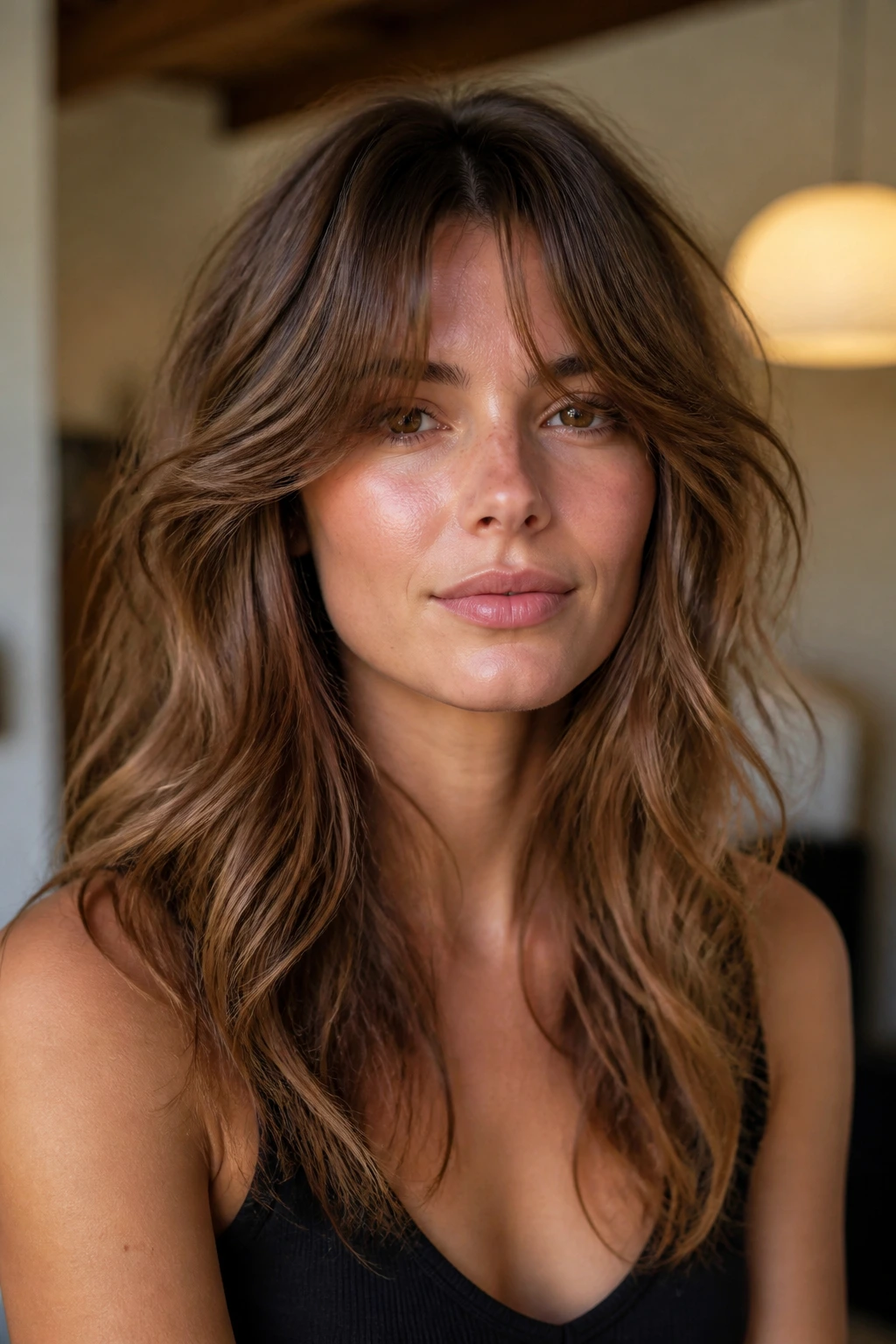 Real woman with curtain bangs cascading into long shag layers.