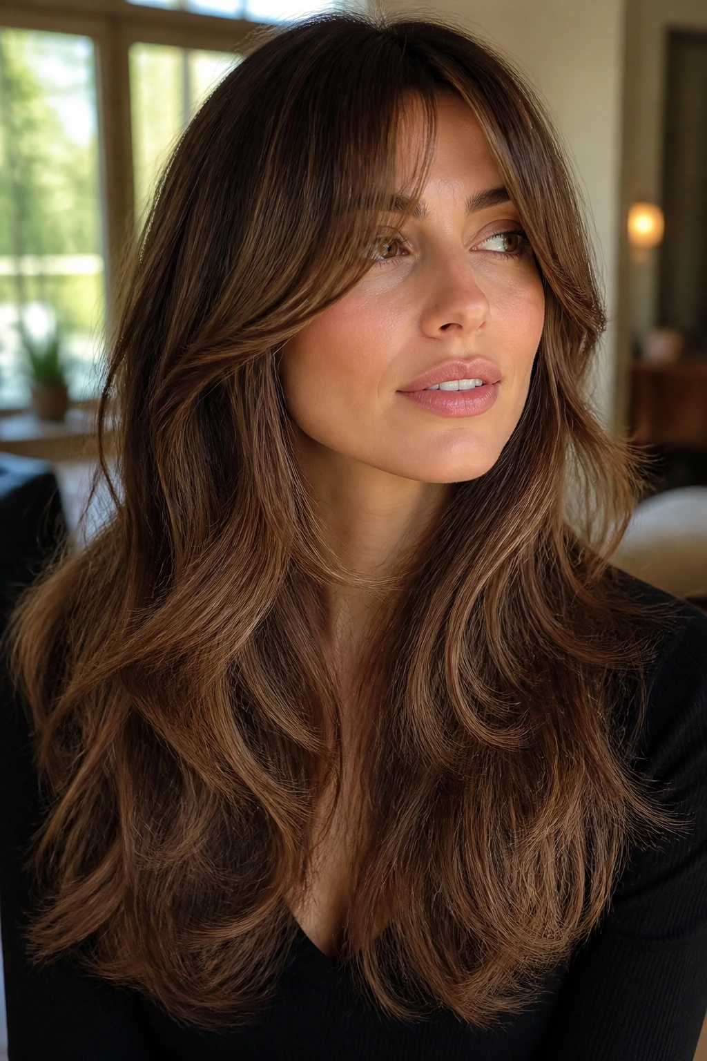 Real woman with curtain bangs and cascading layers in warm room light, front view