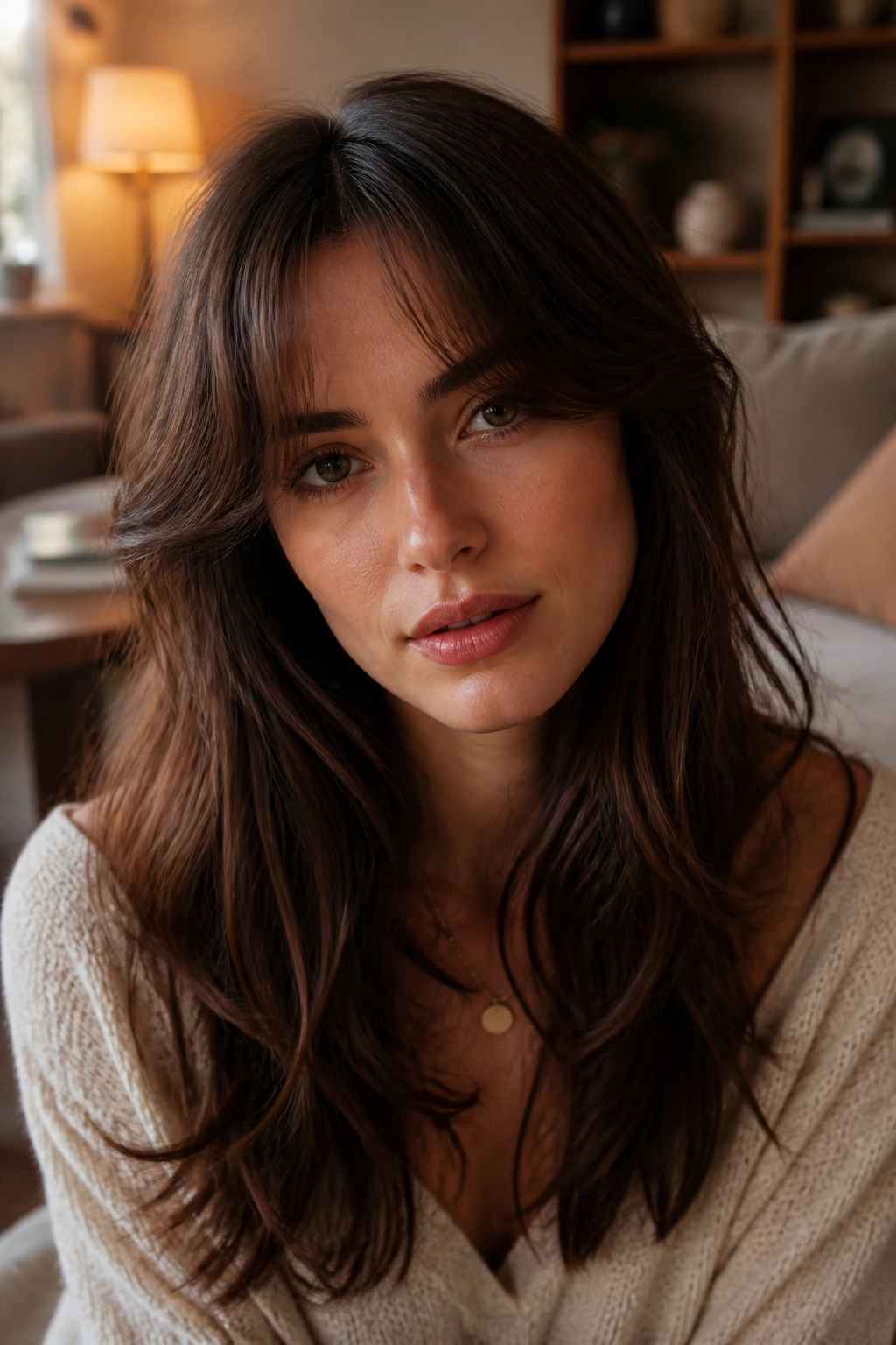 Portrait of curtain bangs with center split and longer outer pieces.