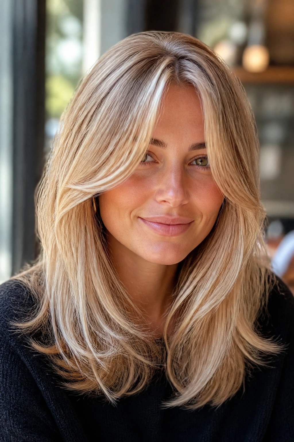 Close-up of a real woman with curtain bangs and champagne blonde layers