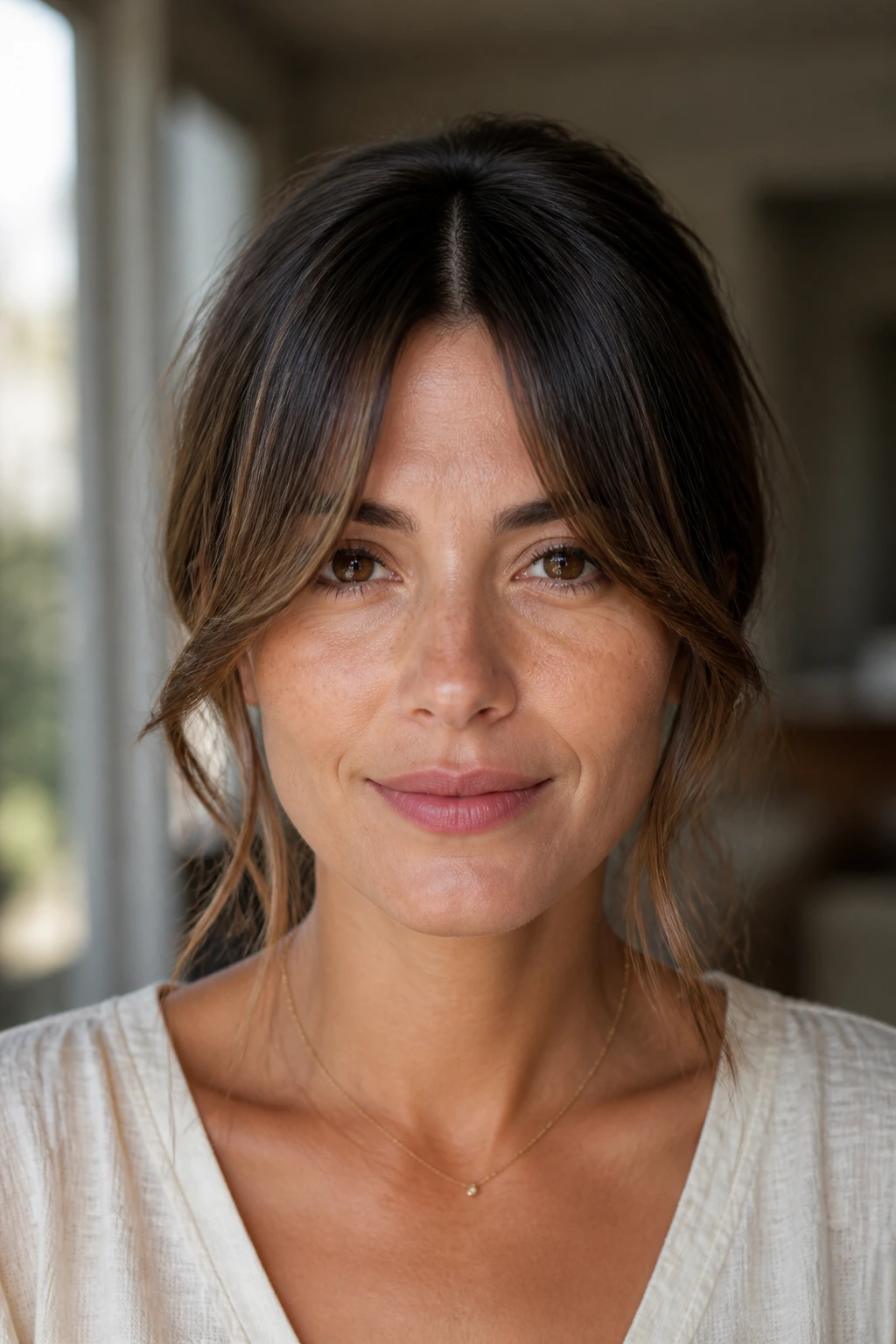 Close-up of curtain bangs opening at the cheekbone on a real woman
