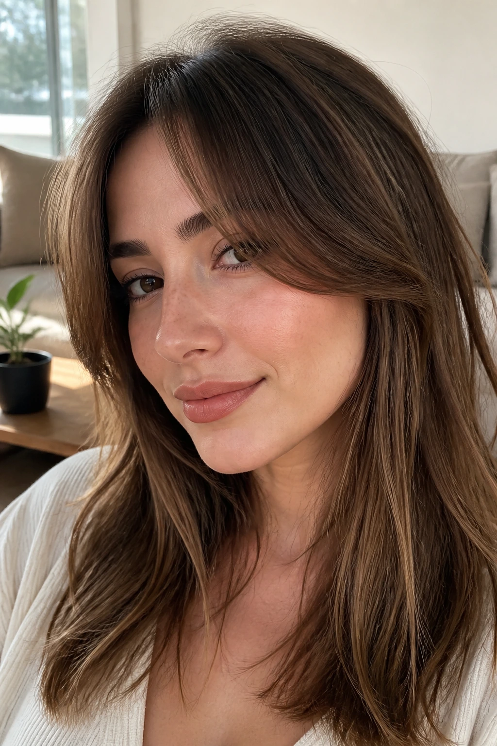 Portrait of a woman with curtain bangs that hit at the cheekbone and frame the face.