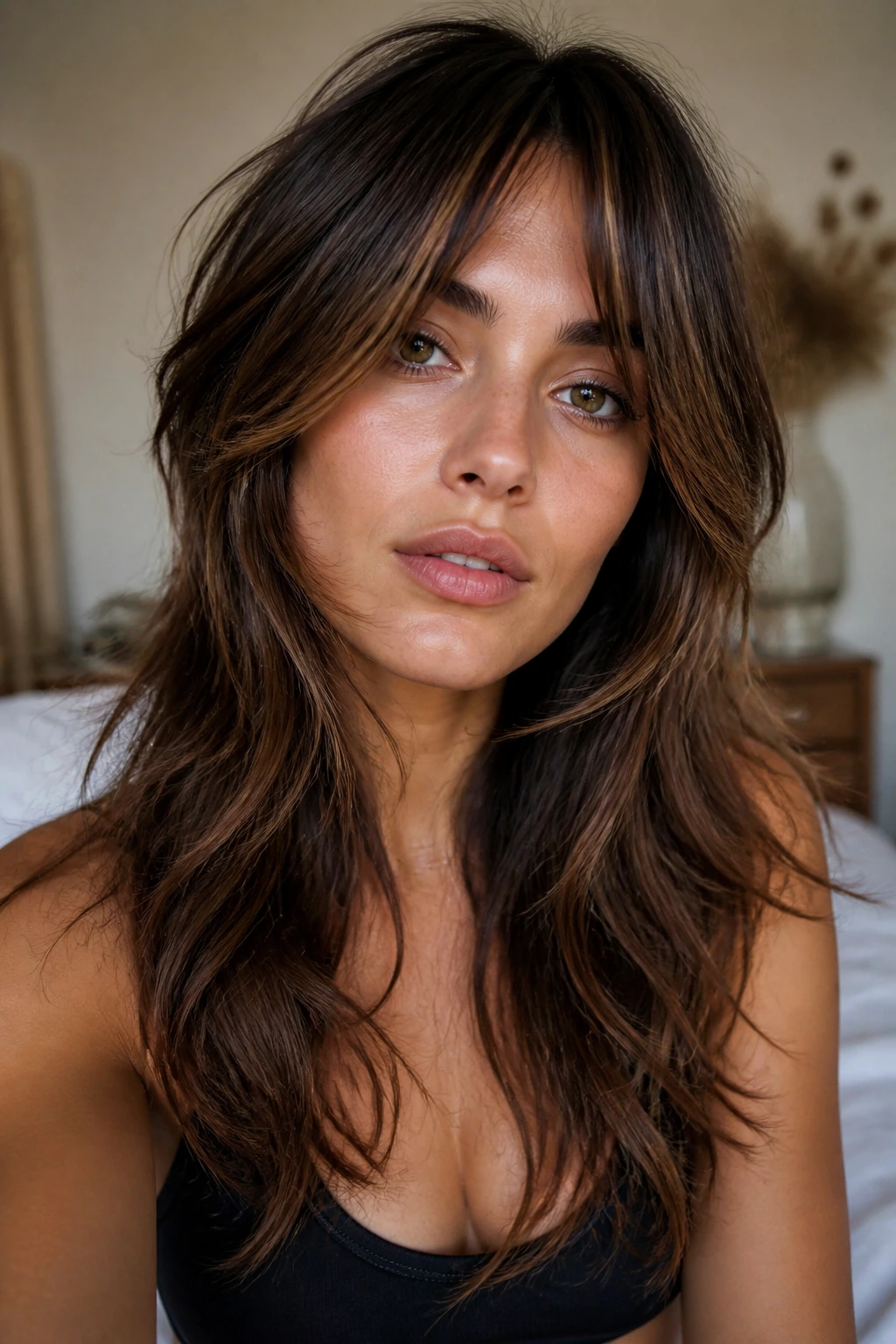 Close-up portrait of a real woman with curtain bangs and cheekbone-framing layers in warm natural light