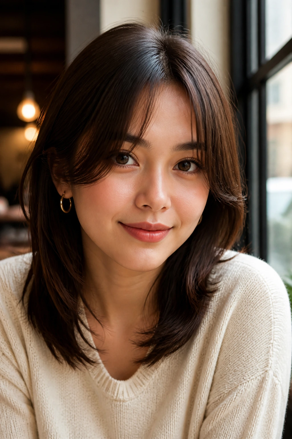 Close-up portrait with curtain bangs hitting the cheekbone on a real person