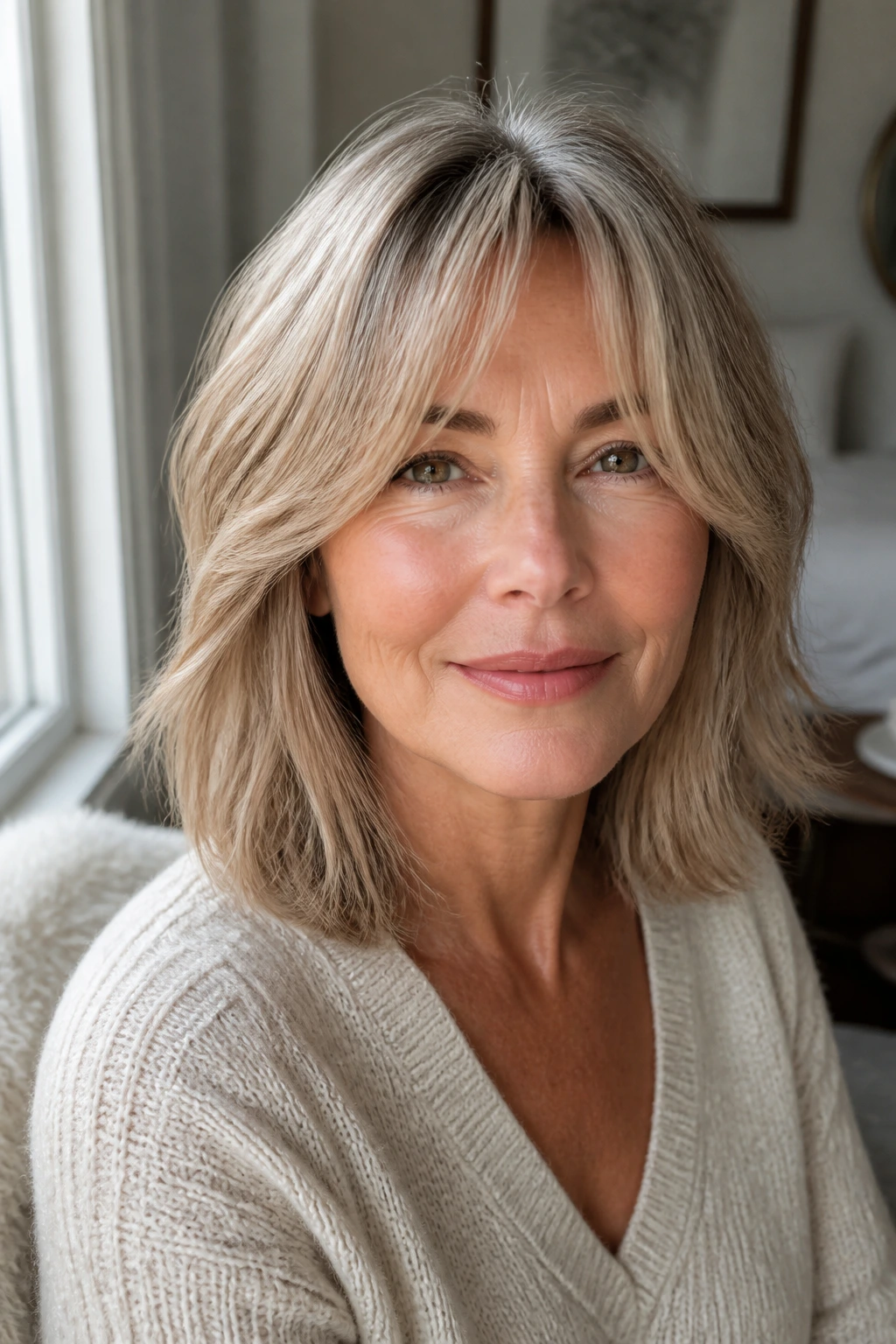 Close-up portrait of a real woman with curtain bangs opening at the cheekbones, natural light.