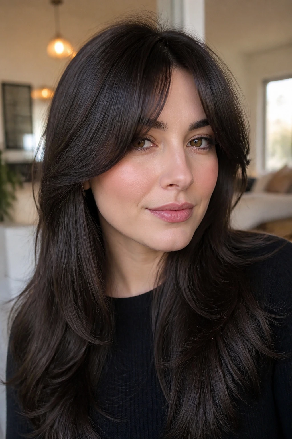 Close-up portrait of a real woman with curtain bangs split at the cheekbones