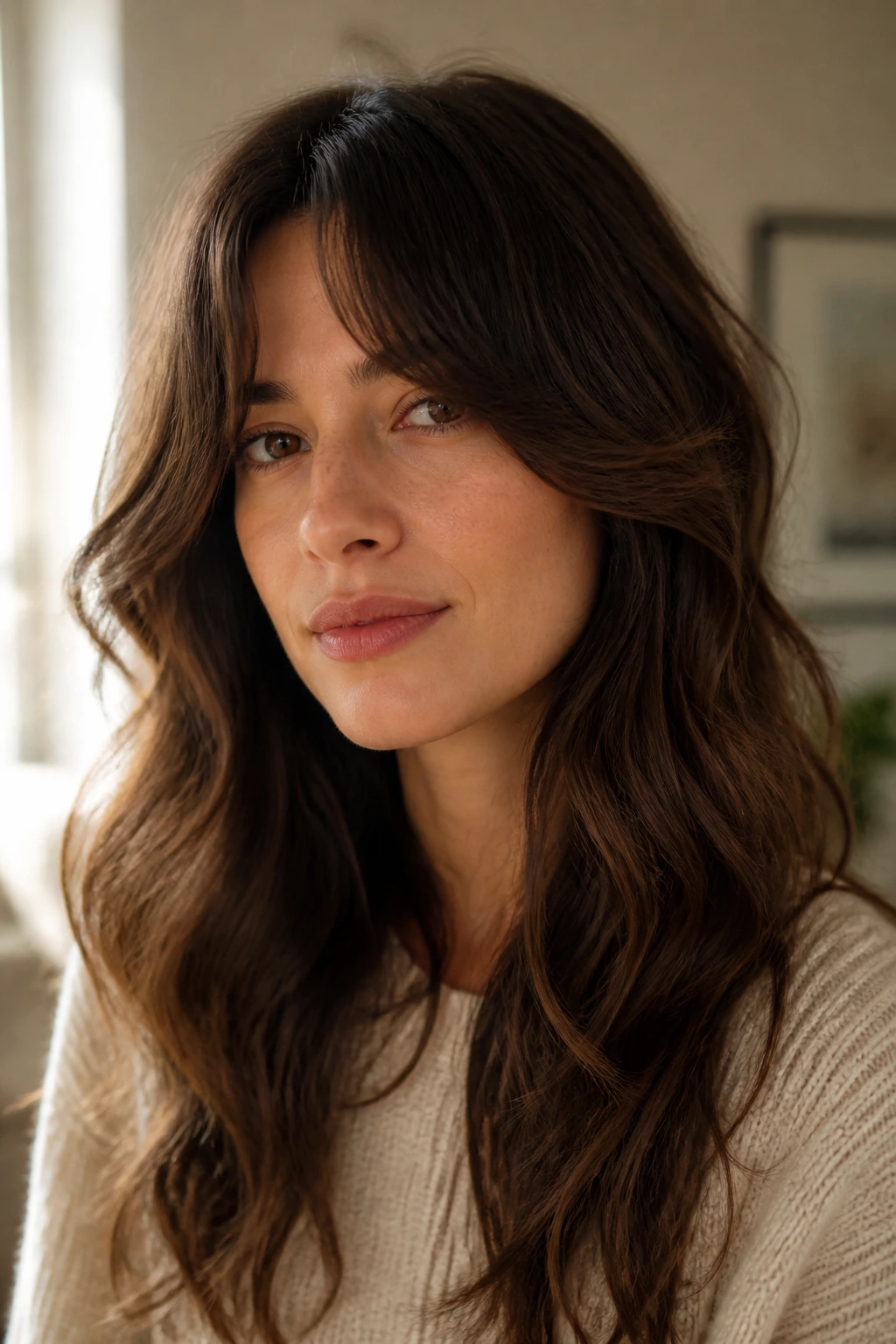 Close-up of curtain bangs splitting at the cheekbones on a real woman