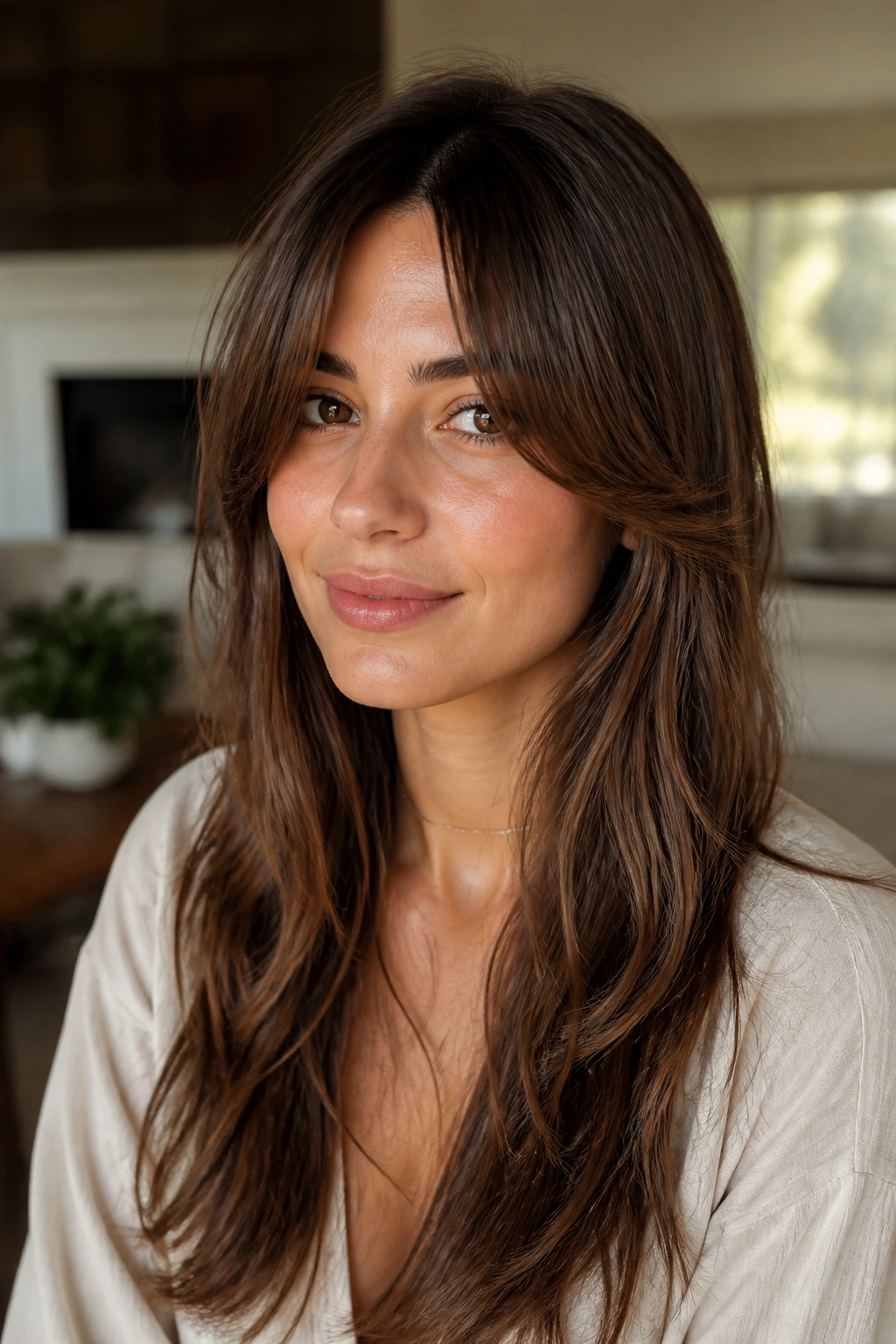 Portrait of a real woman with curtain bangs opening at the cheekbones in a cozy living room