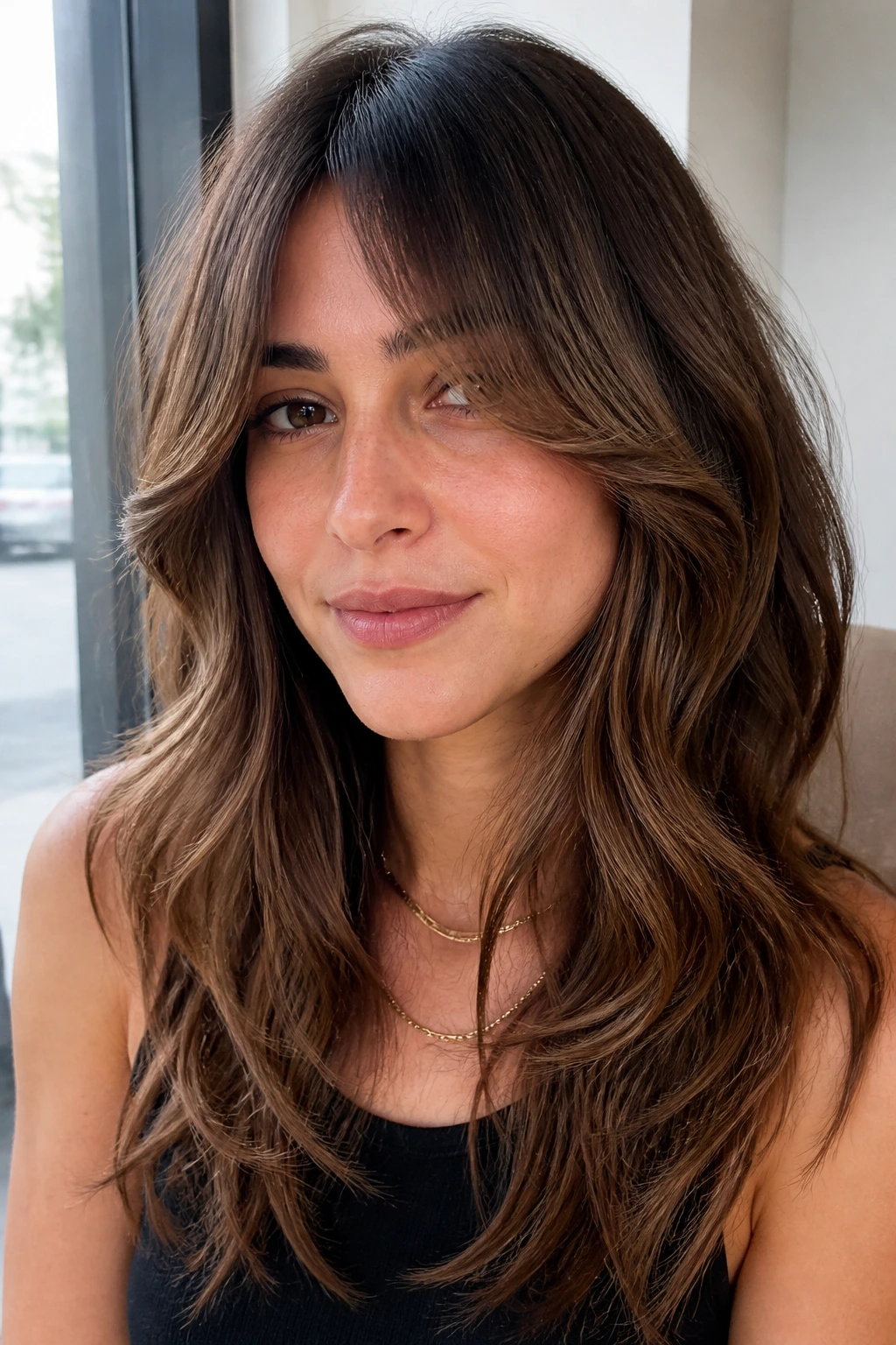 Real woman with curtain bangs and chestnut balayage in natural daylight.
