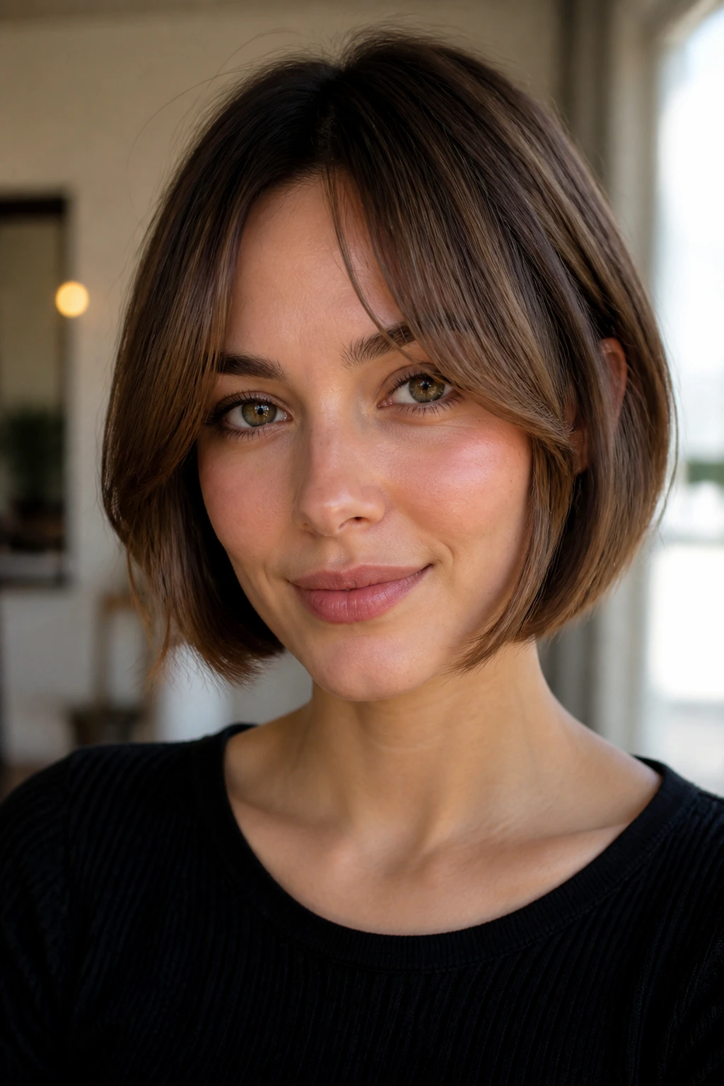 Close-up of curtain bangs on a chin-grazing bob