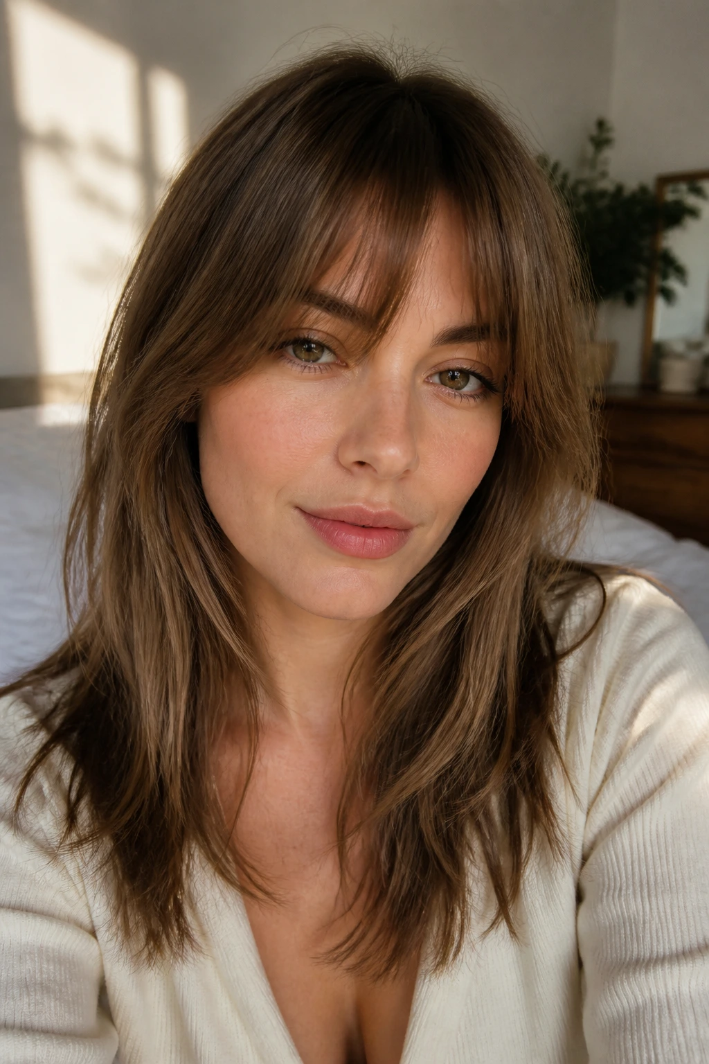 Close-up portrait of a woman with soft curtain bangs in warm bedroom light