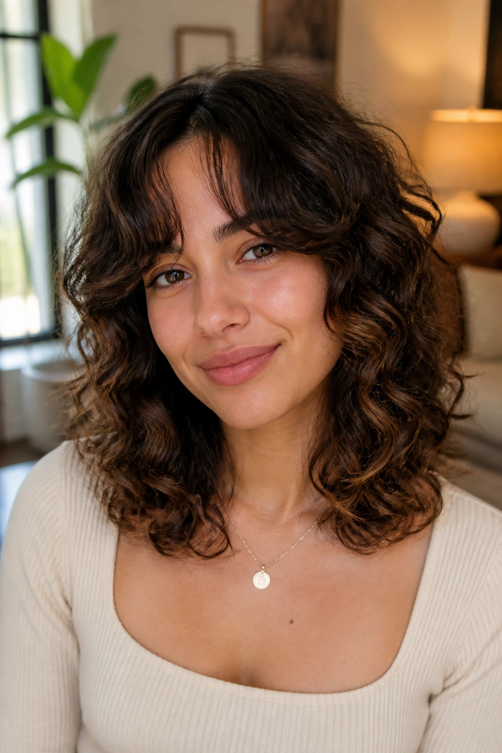 Real woman wearing curtain bangs with collarbone-length curls in soft light.