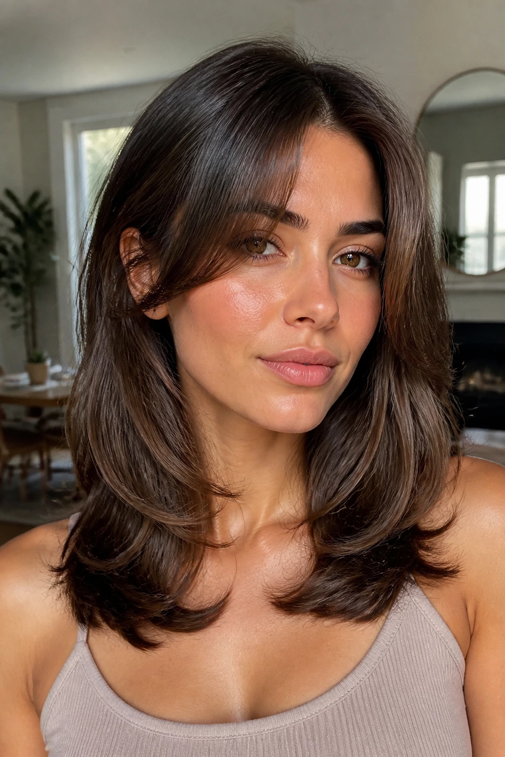 Portrait of a woman with curtain bangs and collarbone layers in thick hair