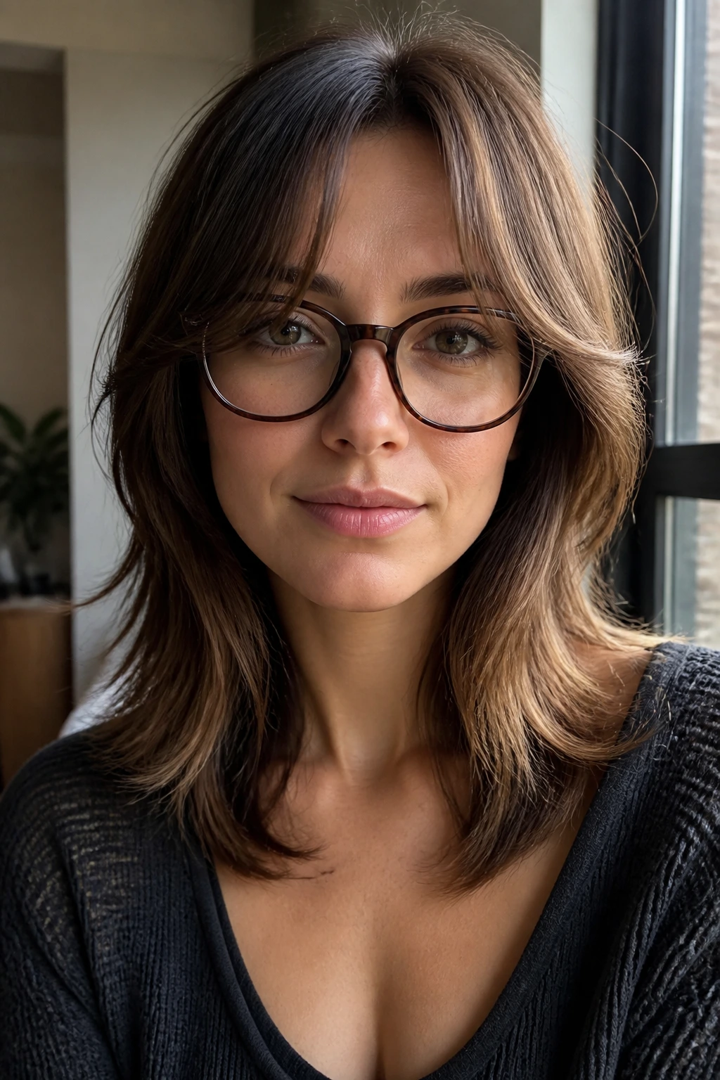 Portrait of a woman with curtain bangs and collarbone layers