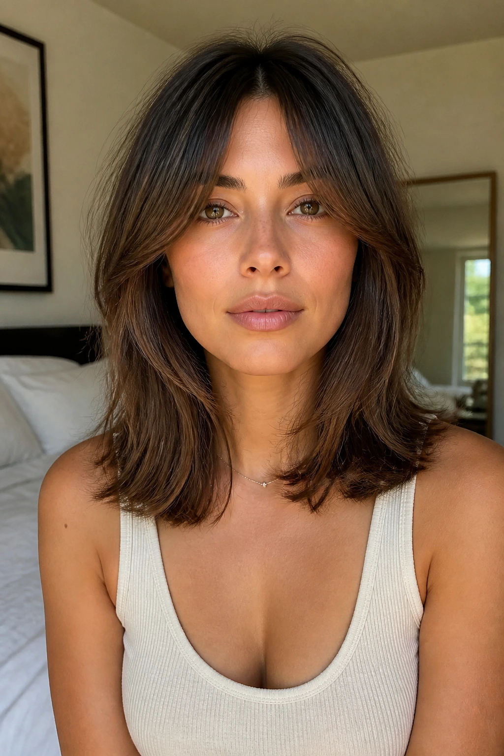 Close-up of a real woman with curtain bangs and collarbone-length lob