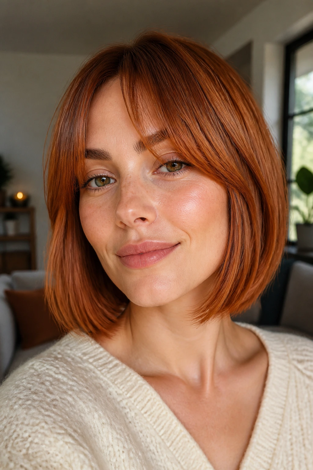 Close-up of a real person with copper bob and curtain bangs in natural light