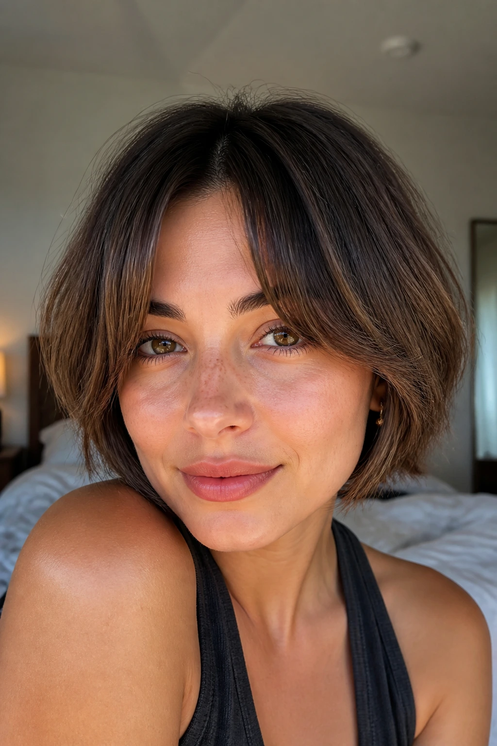 Portrait of a woman with curtain bangs crop in a softly lit bedroom