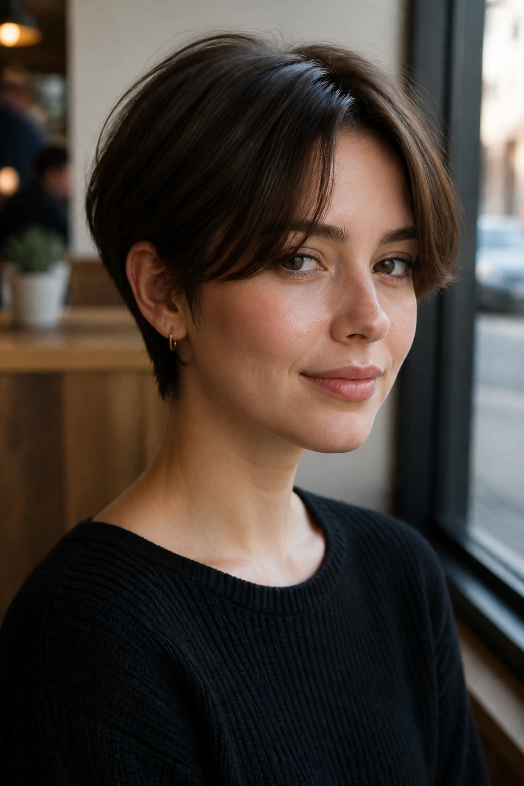Portrait of a woman with curtain bangs on a cropped cut in cafe window light