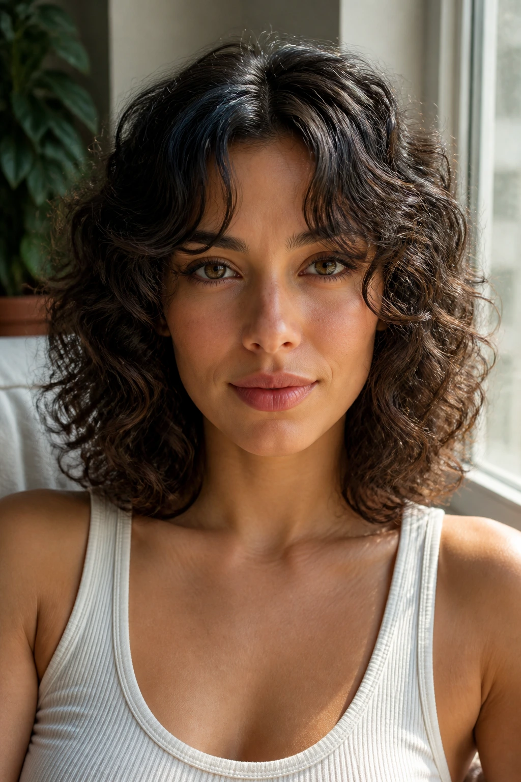 Close-up portrait of a woman with curly lob and curtain bangs in sunlight