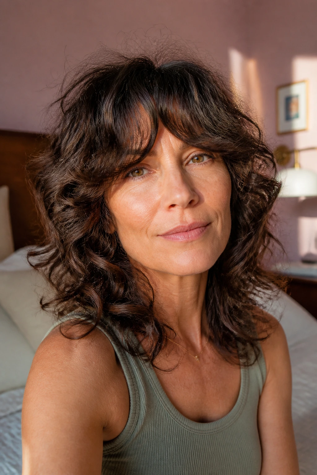 Close-up portrait of a real woman with curtain bangs curly shag