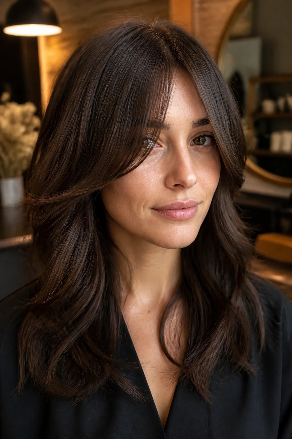 Real person showing curtain bangs with center length and side weight