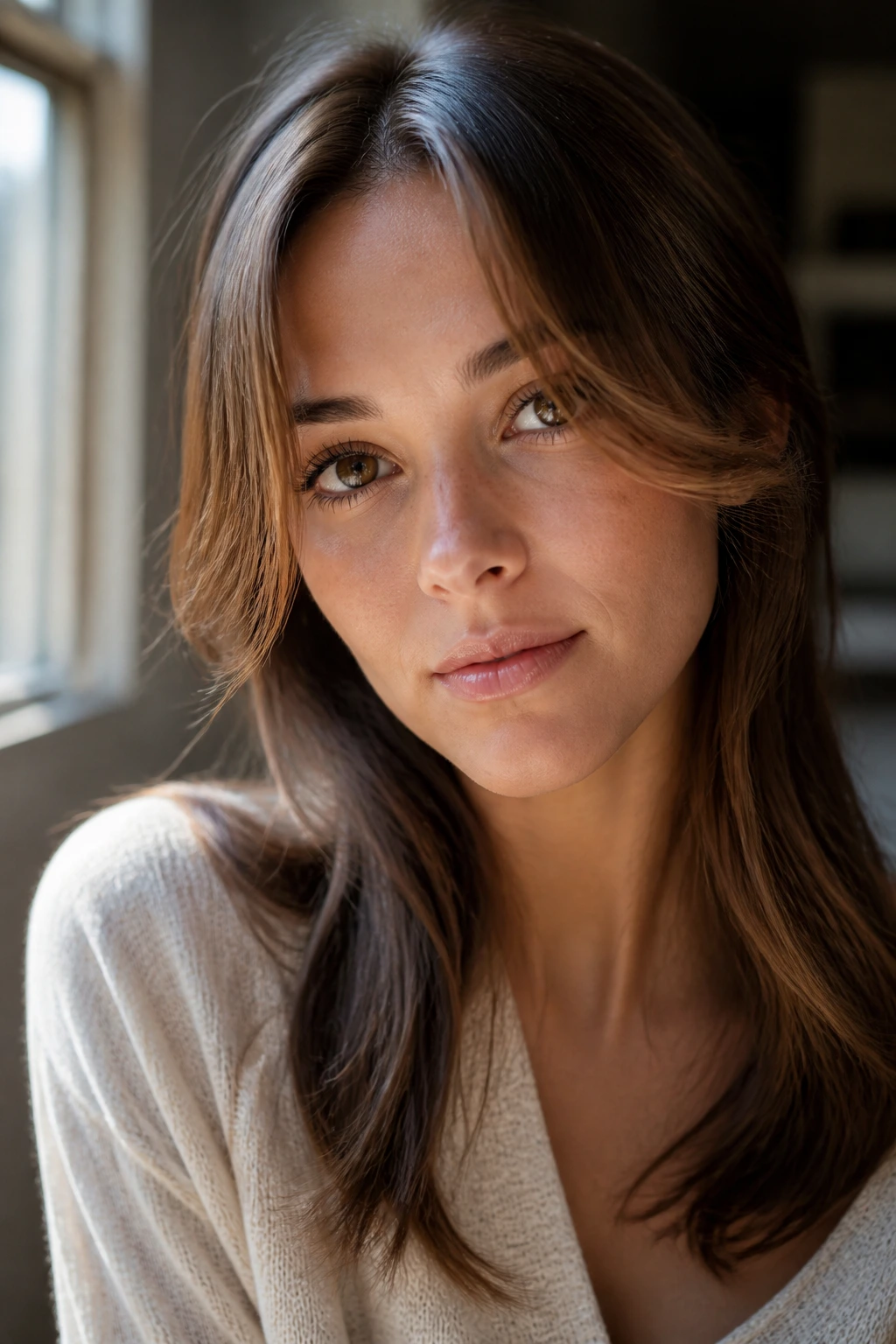 Portrait of a person wearing curtain bangs that frame the face while keeping the forehead visible.