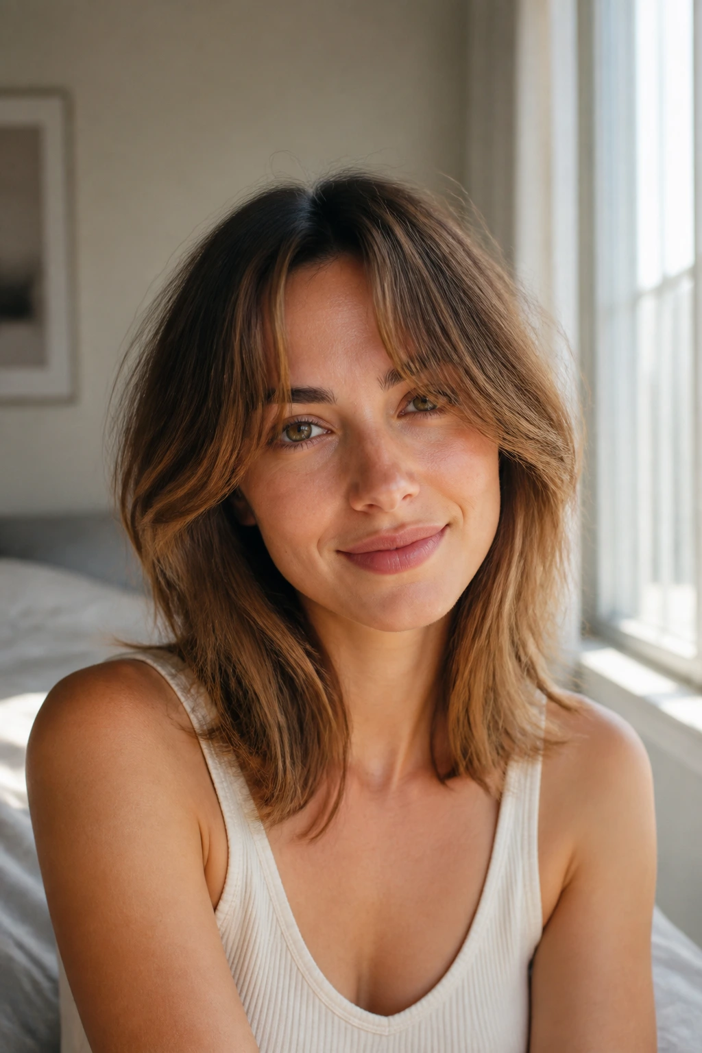 Real person with curtain bangs and face-framing layers in natural morning light