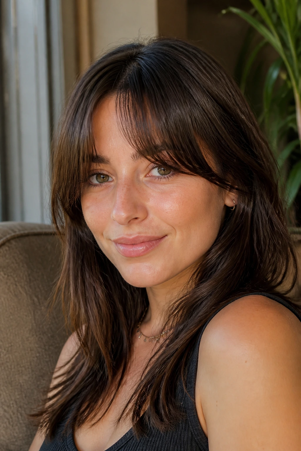 Close-up portrait of a real person with curtain bangs softly framing the face in warm window light