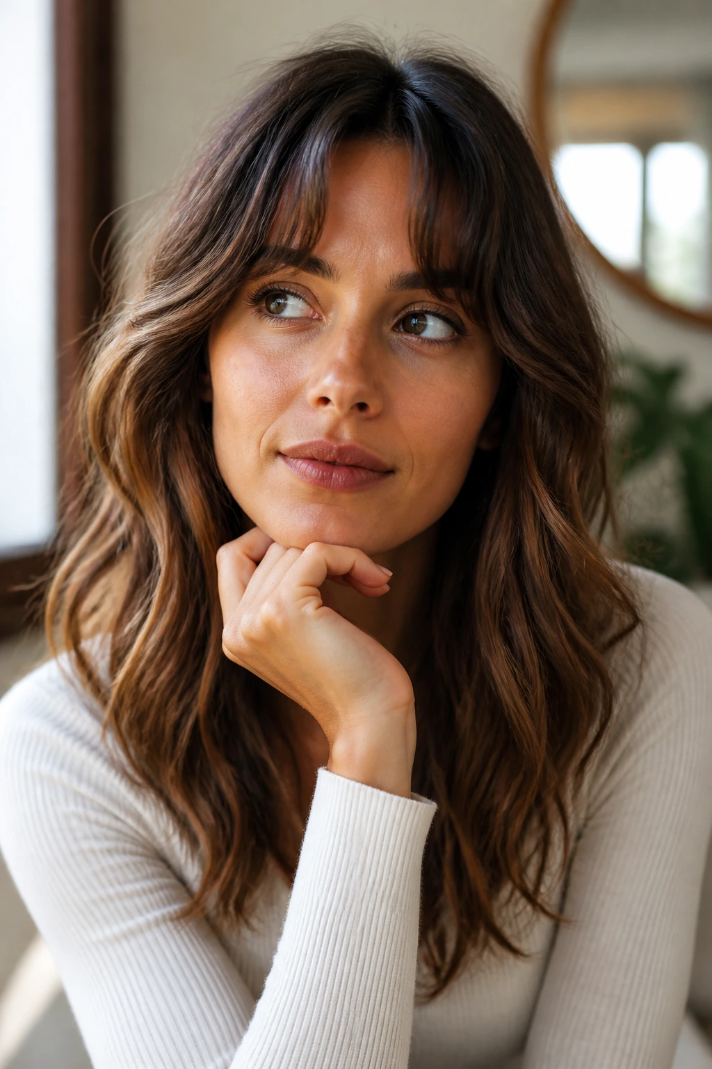 Thoughtful woman with wavy curtain bangs answering common questions