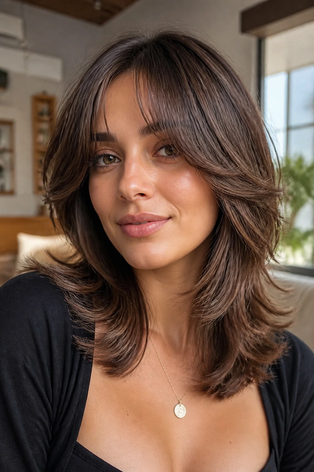 Portrait of a woman with curtain bangs feather cut hairstyle