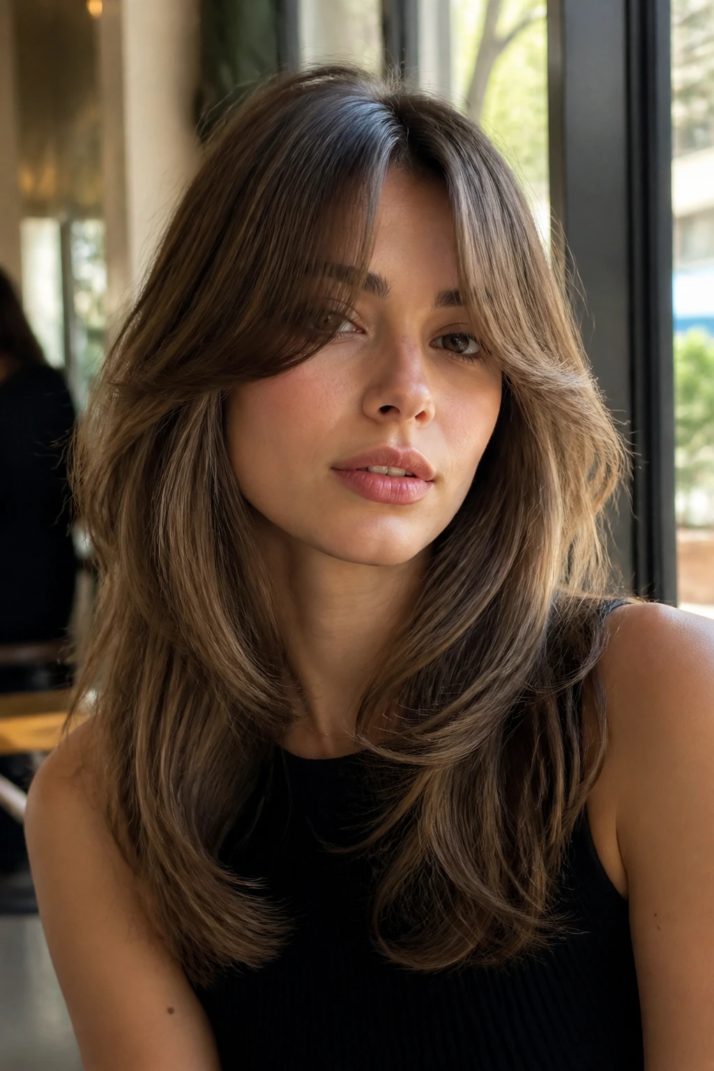 Portrait of a person with curtain bangs and feathered ends