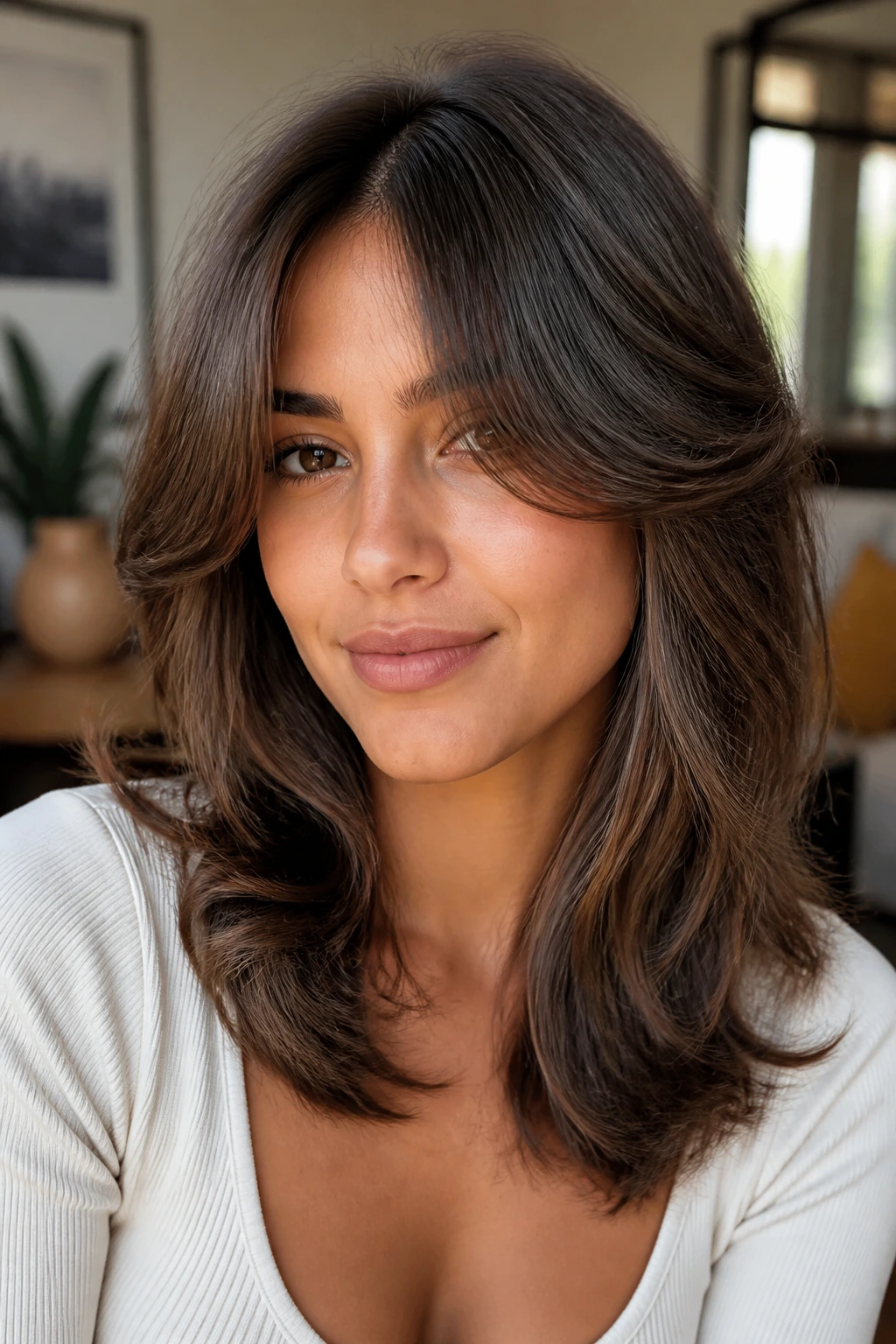 Close-up of person with curtain bangs and feathered layers