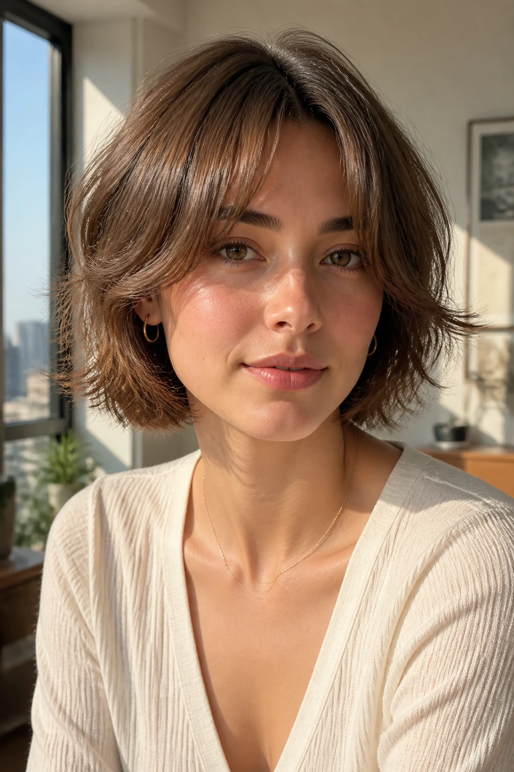 Close-up portrait of a real woman with curtain bangs and feathered sides in natural window light