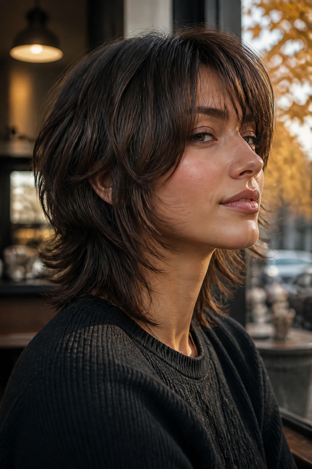 Close-up portrait of a real person with curtain bangs and feathered underlayer in warm cafe light