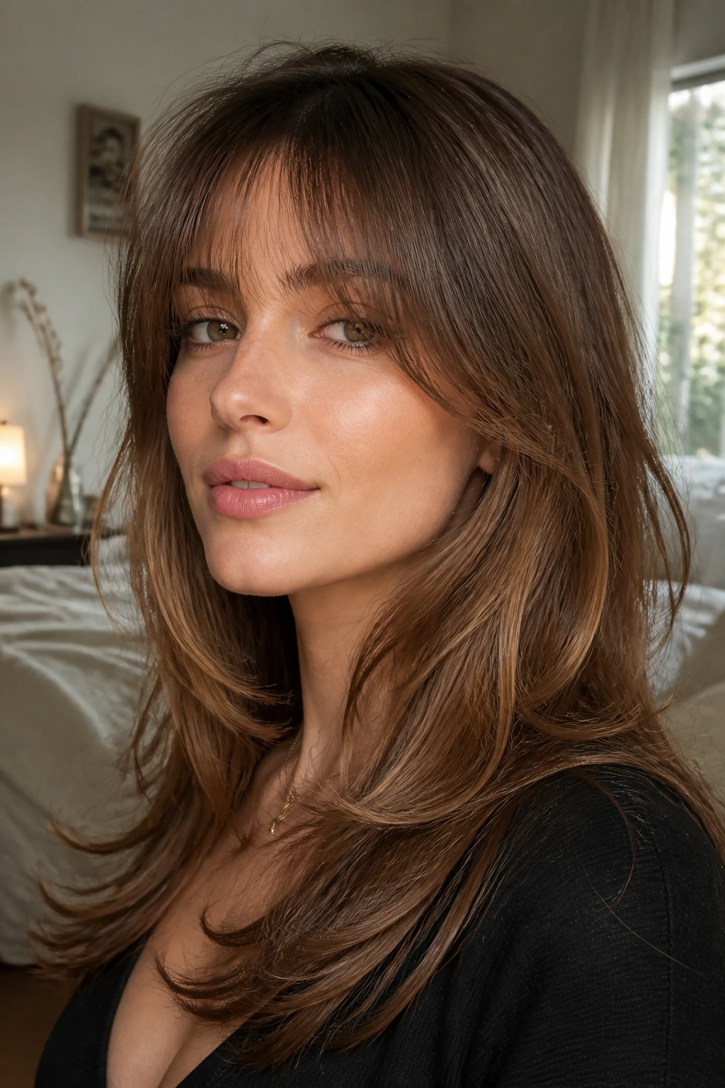 Portrait of a woman with eyebrow-grazing curtain bangs and feathered layers