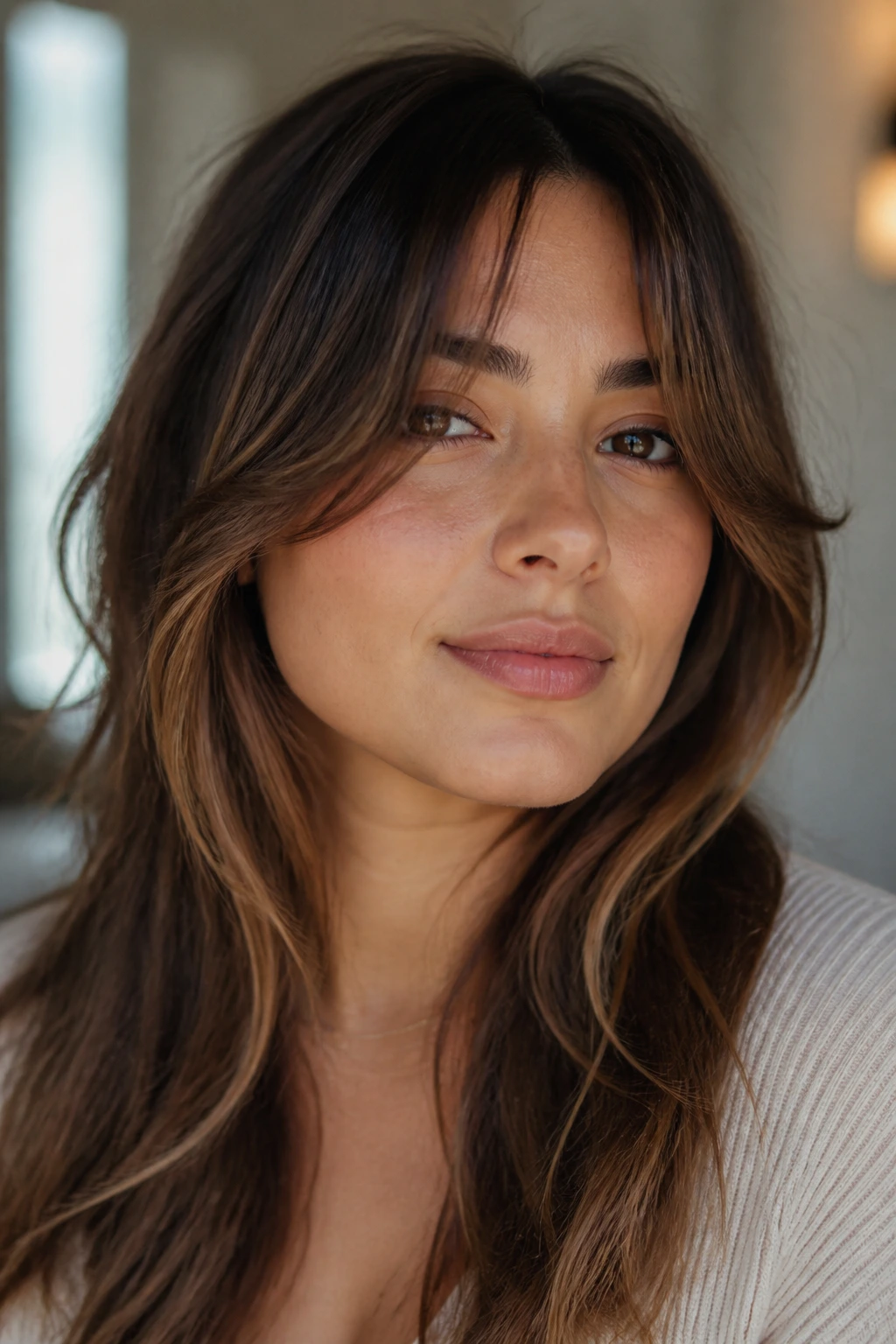 Portrait of a woman with curtain bangs framing her face in warm window light