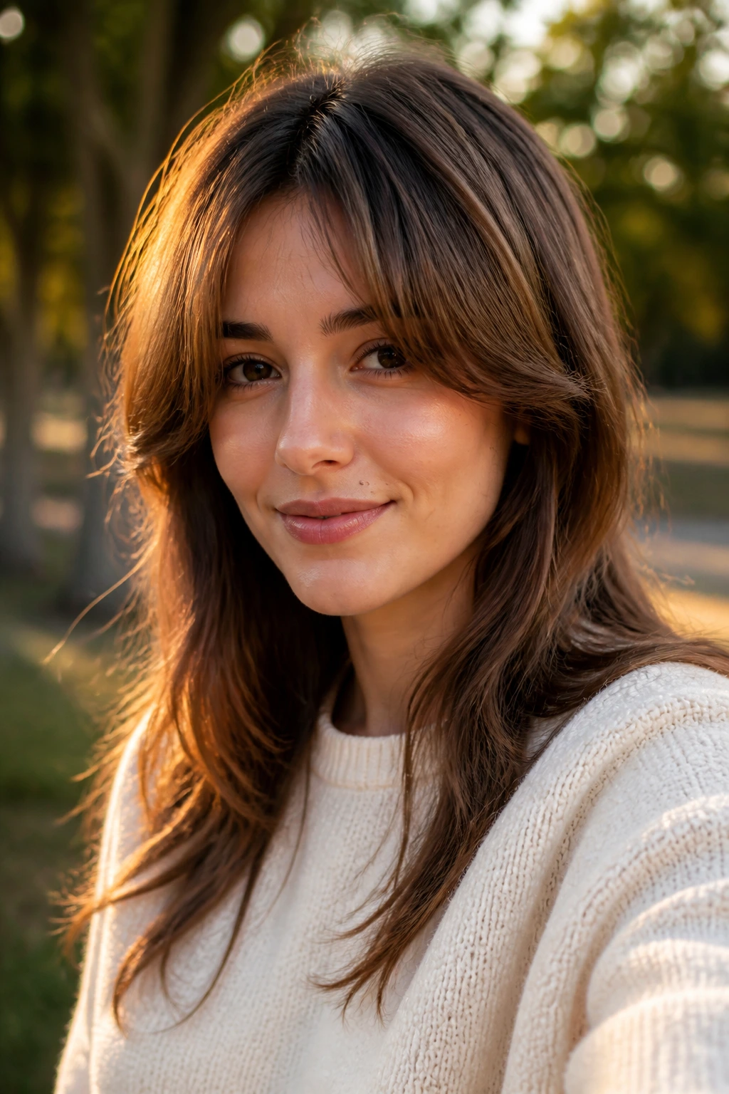 Outdoor portrait of curtain bangs framing the face during golden hour