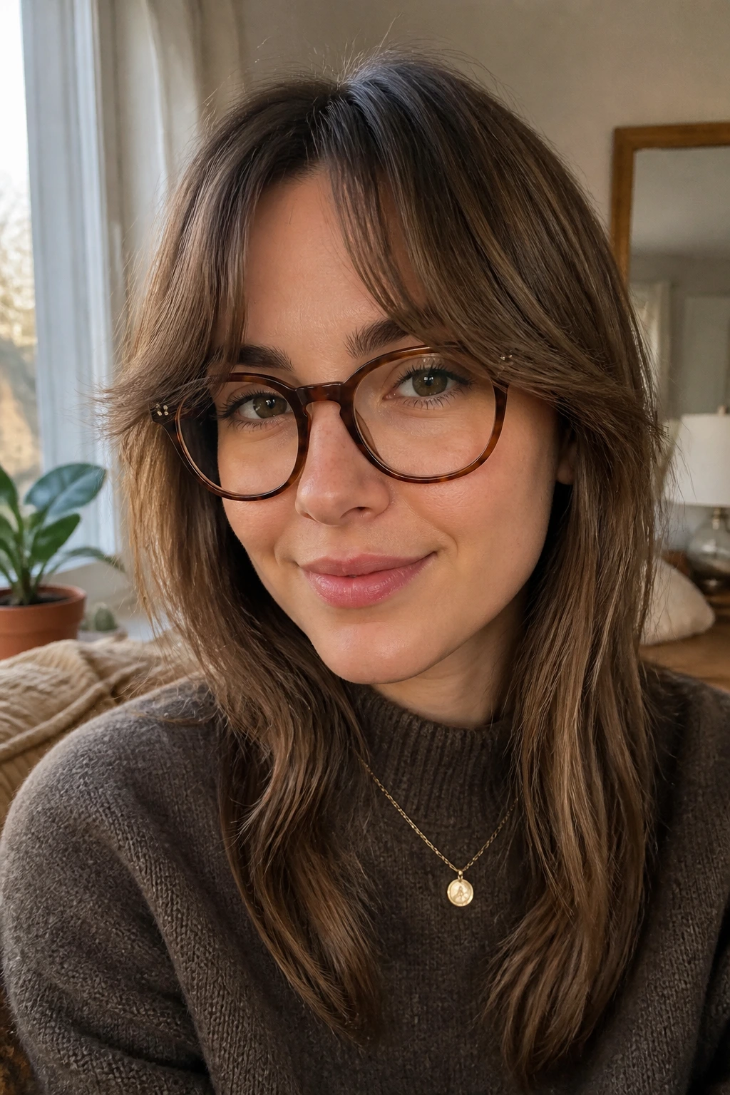 Close-up of curtain bangs split at the frames on a woman wearing glasses.