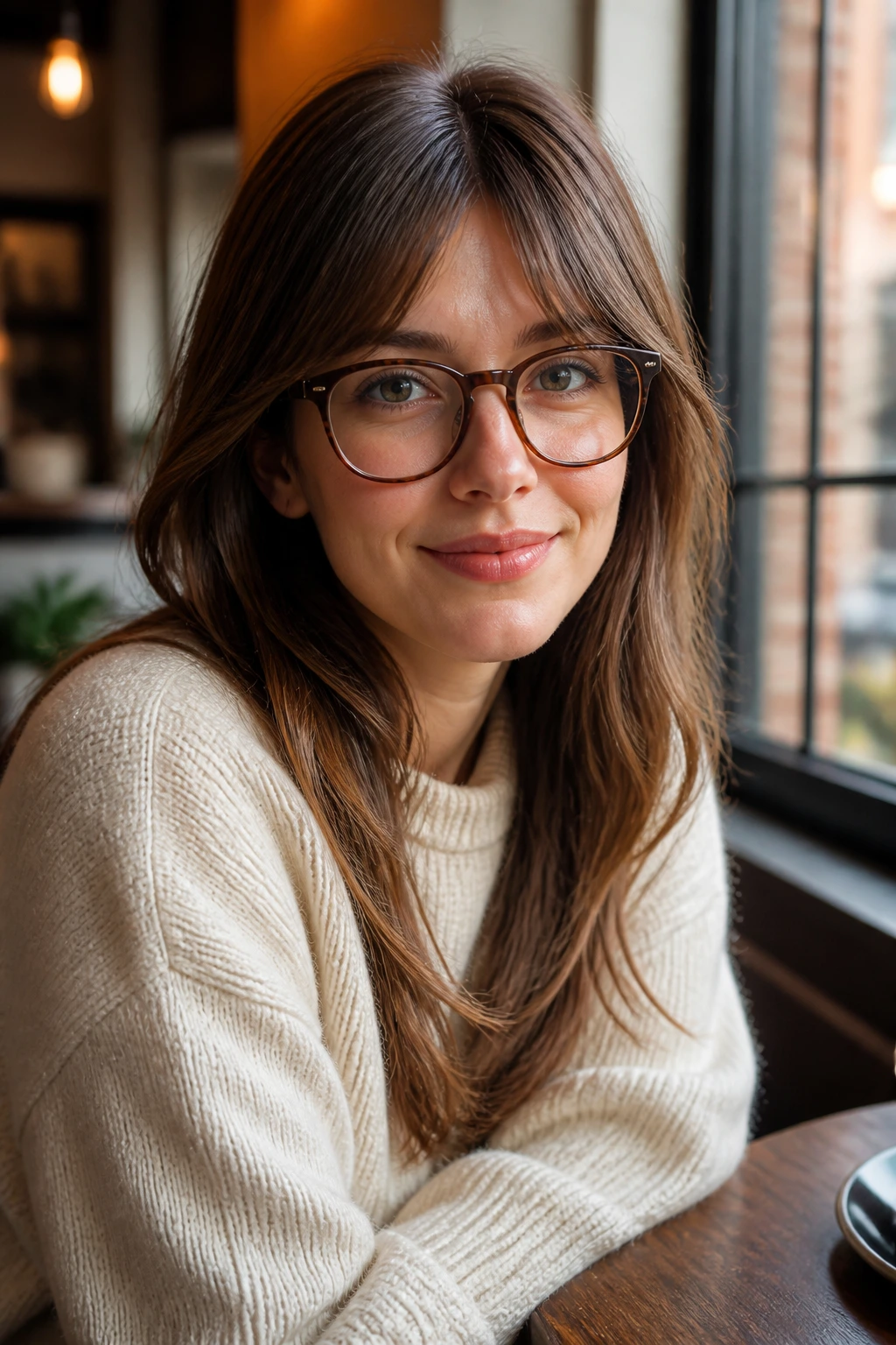 Portrait of a woman with curtain bangs and glasses in a cafe-style setting