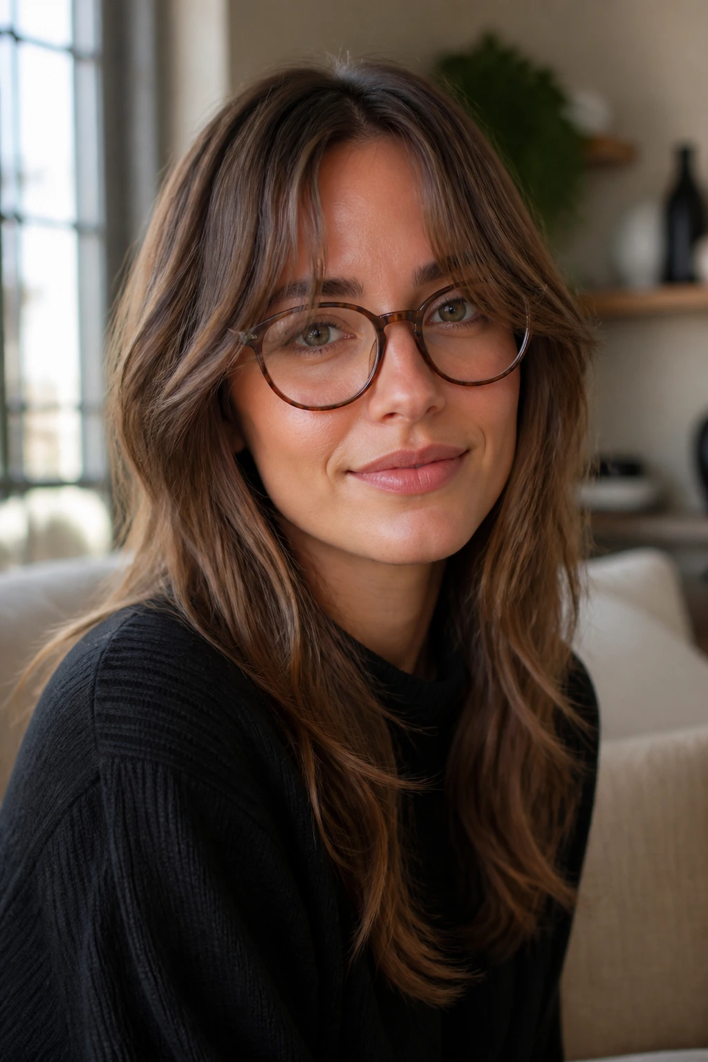 Close-up of a woman with curtain bangs and glasses in warm window light