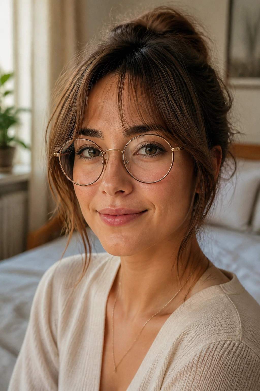 Close-up portrait of a woman with curtain bangs and glasses in warm bedroom light