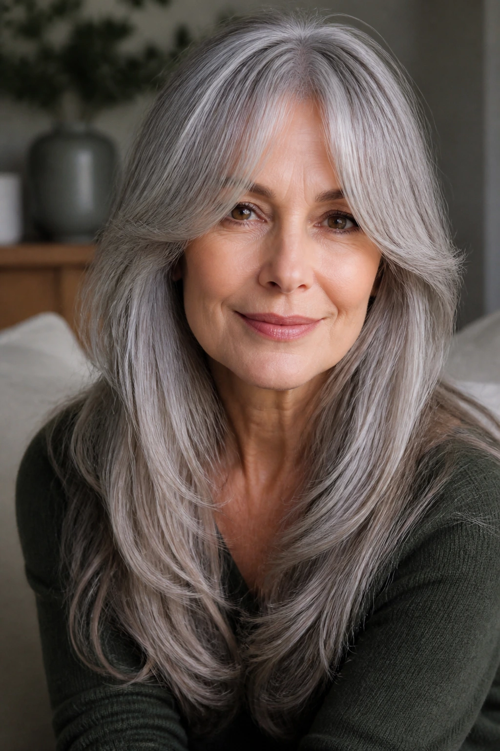 Close-up of a real woman with curtain bangs blending into long gray hair