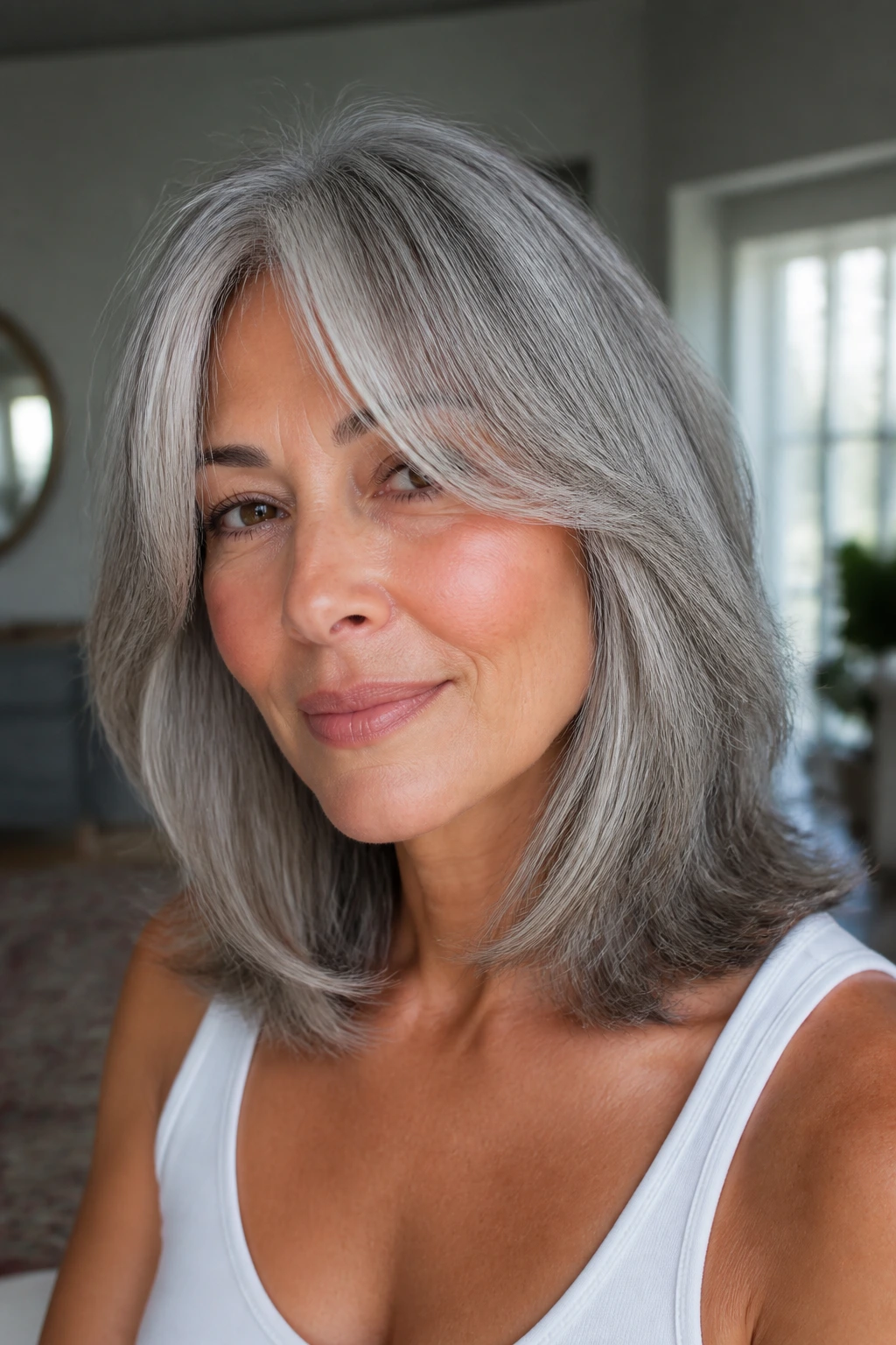 Close-up of a real woman with curtain bangs and collarbone-length gray hair in warm window light