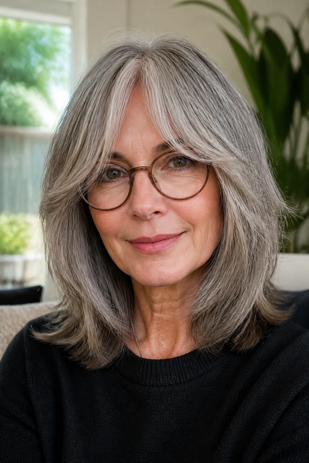 Gray-haired woman with curtain bangs and shoulder-length layers wearing round glasses.