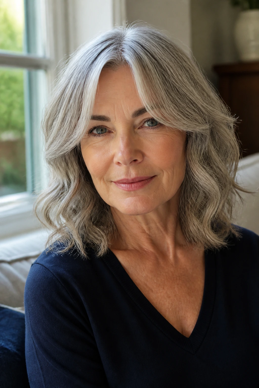 Portrait of woman with curtain bangs and loose gray waves, shoulder-length hair, natural light