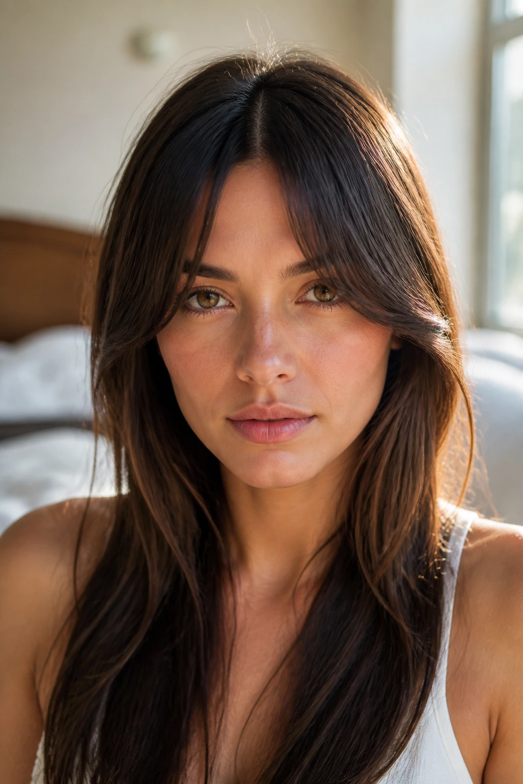 Close-up portrait of a real woman with long curtain bangs in warm bedroom light
